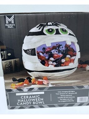 New! Member's Mark LED Pre-Lit Ceramic Mummy Halloween Candy Bowl